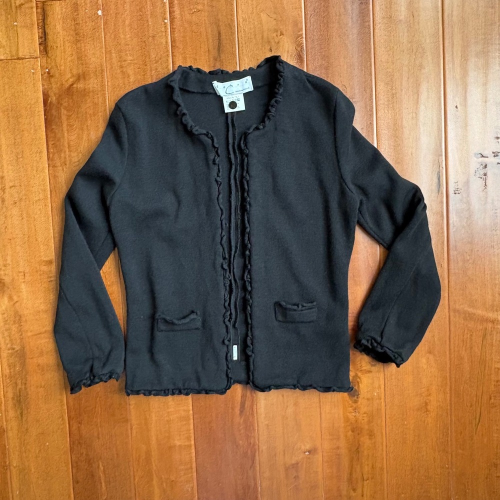 Debra C Beverly Hills Ruffle Trim Knit Cardigan Jacket  S Black 100% Pure Wool